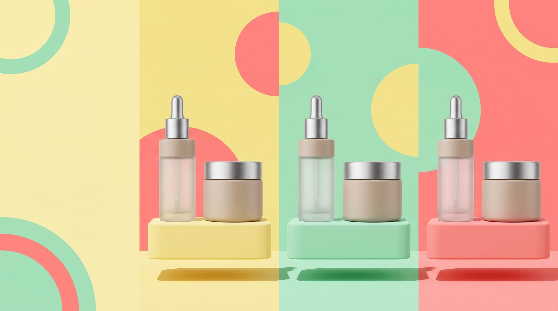Wide marketplace banner with three product pairs on pastel pedestals against colour-blocked panels