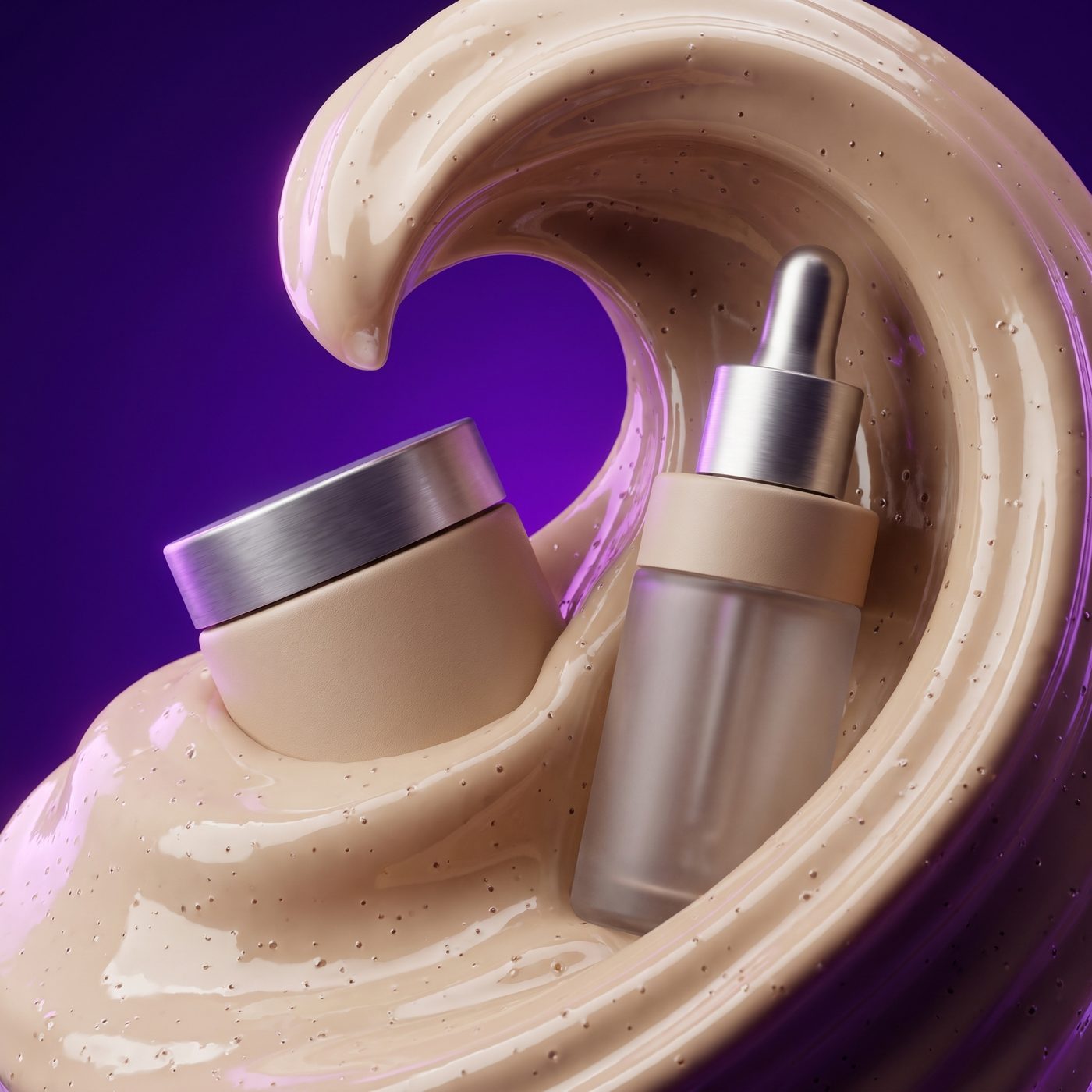 Macro beauty render with the products nestled in a sculpted cream swirl on ultraviolet